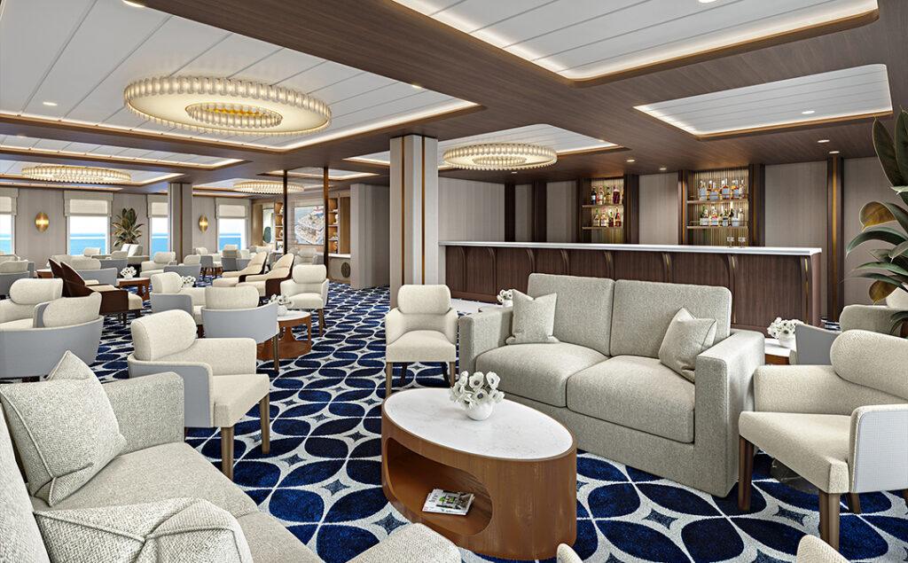 The River Lounge aboard American Encore features contemporary design and panoramic views. Photo: American Cruise Lines.