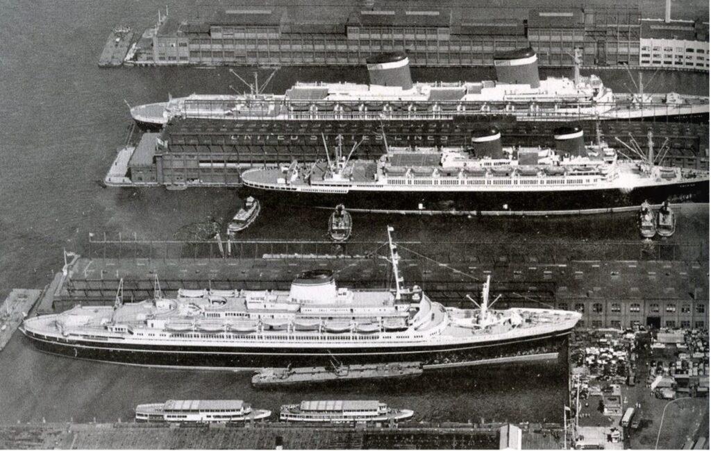 The liners Cristoforo Colombo, America and United States seen together in Manhattan. Courtesy of the William H. Miller collection.