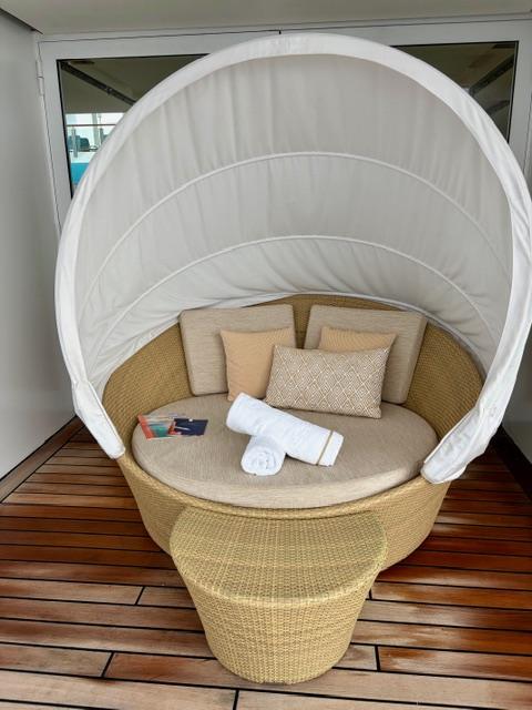 A cocoon-style lounger offers a private outdoor retreat aboard Europa 2. Photo: Judi Cuervo