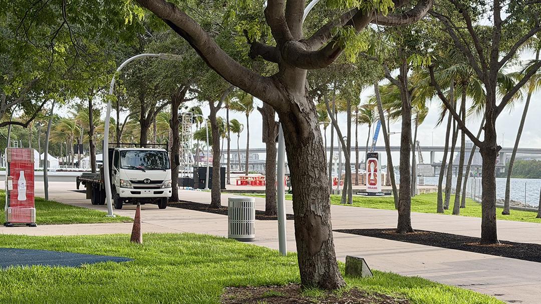 Structures, sponsor installations and fan areas rise across the waterfront FIFA Fan Festival grounds at Bayfront Park in downtown Miami. Credit: H. Liu.
