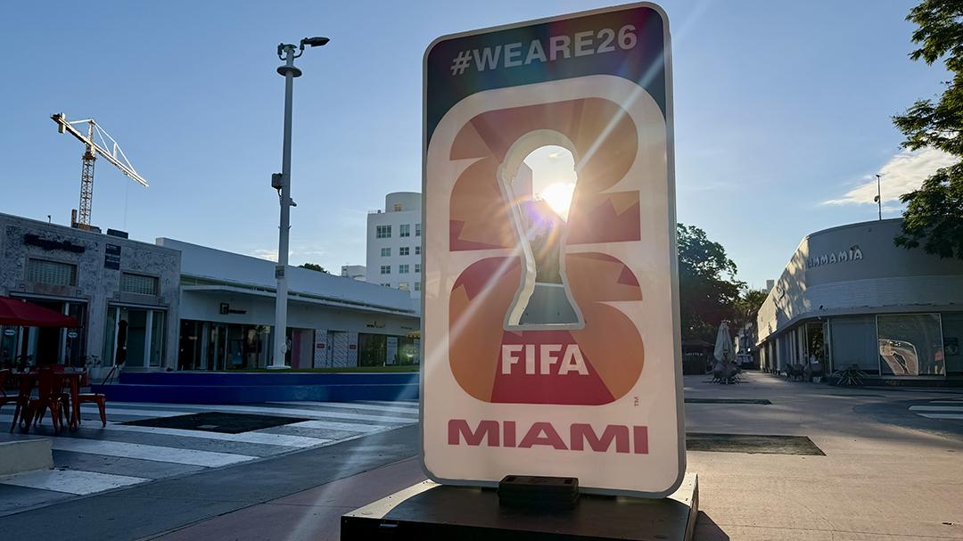 A FIFA World Cup 2026 totem sign stands along Lincoln Road in Miami Beach. Credit: H. Liu