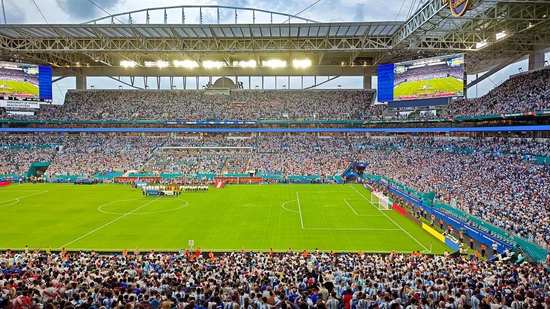 Fans fill Hard Rock Stadium in Miami Gardens during an international soccer match. The stadium is scheduled to host seven matches during the 2026 FIFA World Cup. Photo: Fede Calvo/Courtesy of the Greater Miami Convention & Visitors Bureau.