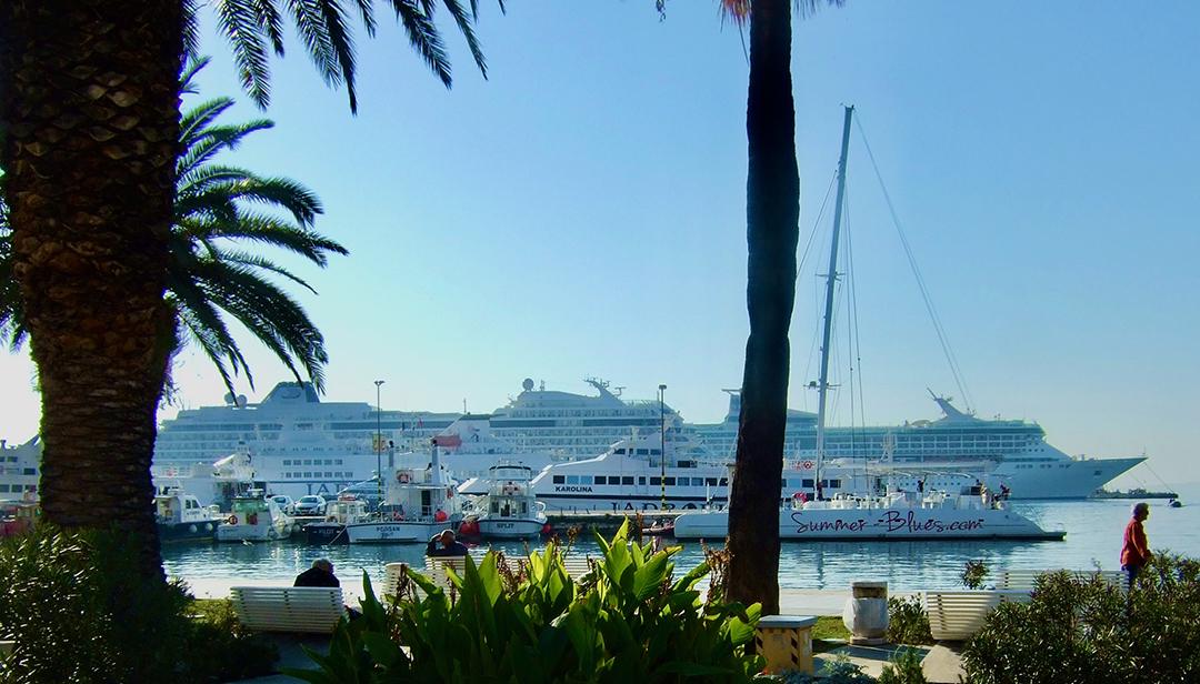 Cruise ships crowd the harbor at Split, Croatia, where ferries, yachts, and floating resorts compete for space along one of the Adriatic’s busiest waterfronts. Photo: Monte Mathews.