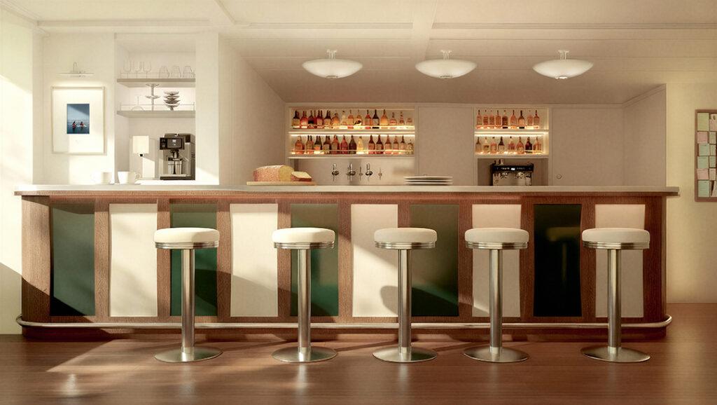 A rendering of the bar aboard Captain Arctic, one of the yacht's onboard gathering spaces for passengers. Courtesy of Pelorus Yachting.