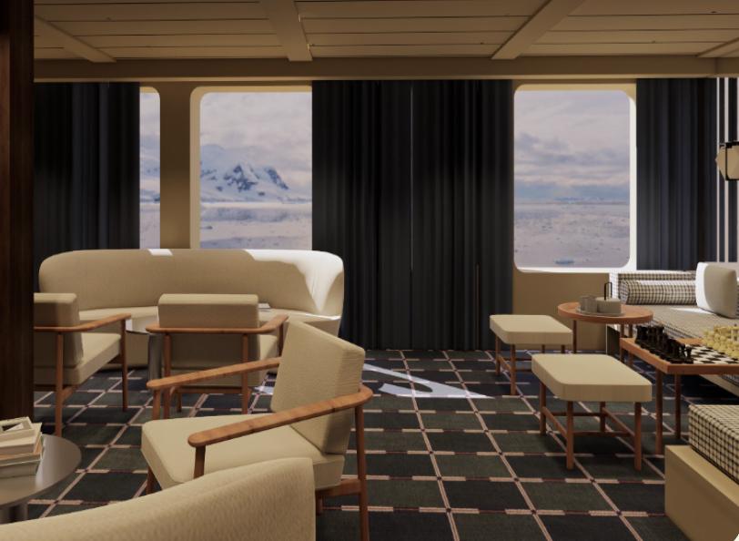 A rendering of the Exploration Room aboard Captain Arctic, offering passengers a comfortable space with panoramic Arctic views. Courtesy of Pelorus Yachting.