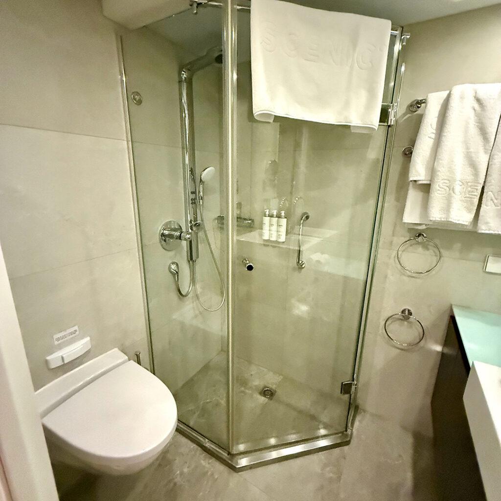 A spacious bathroom reflects the ship's understated approach to luxury. Photo by Monte Mathews