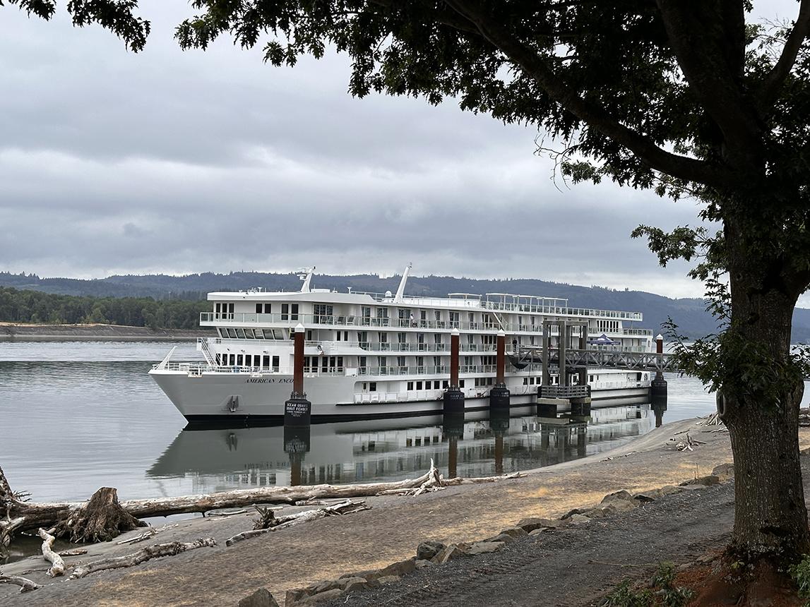 American Encore, American Cruise Lines’ newest and largest riverboat, docks in Richland, Washington, during a Columbia and Snake rivers itinerary. Photo: Gerry Barker