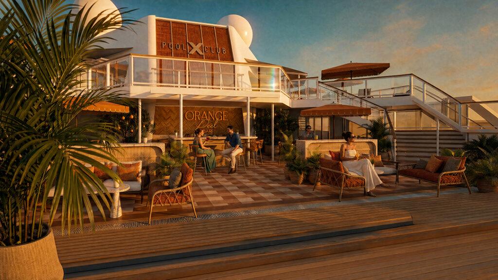 Rendering of Orange Peel Bar & Grille, a new poolside dining venue coming to Celebrity Reflection in 2027. Courtesy of Celebrity Cruises