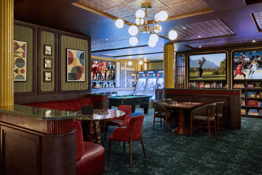 Rendering of The Parlor, a new lounge featuring games, billiards and casual dining aboard Celebrity Reflection. Courtesy of Celebrity Cruises