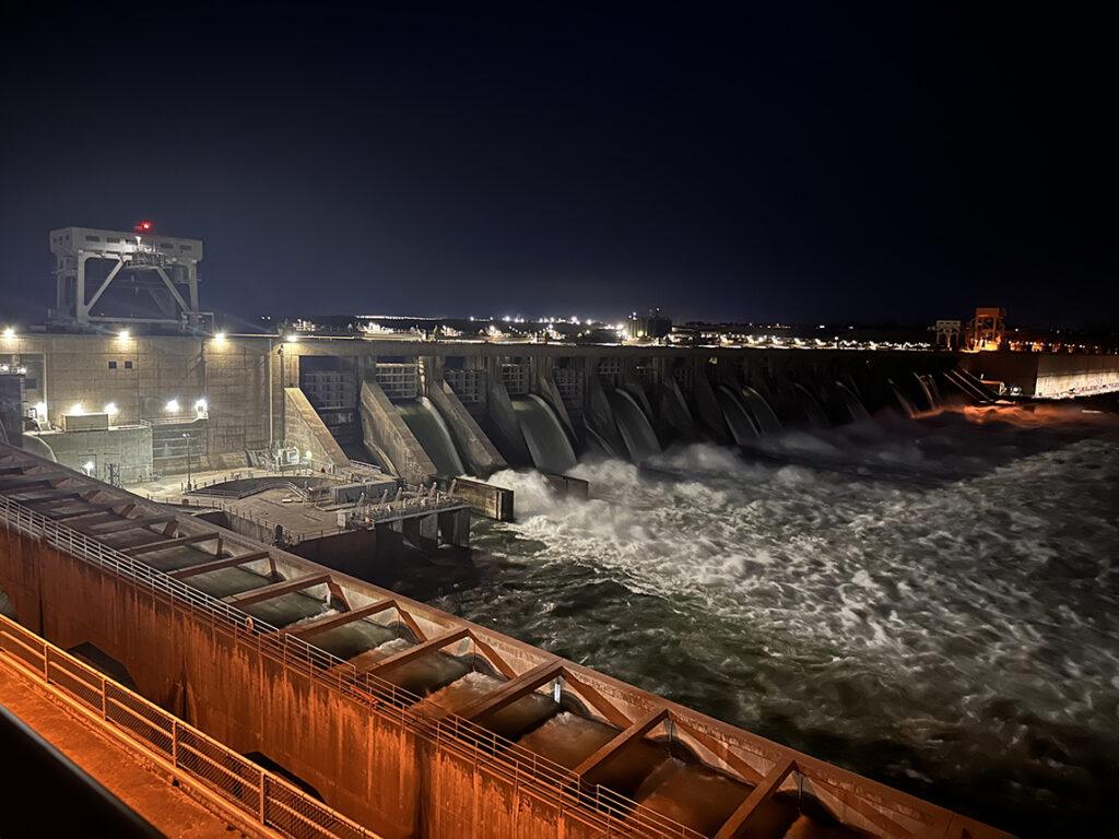 A lock and dam along the Columbia and Snake rivers route glows under nighttime lights. Photo: Gerry Barker