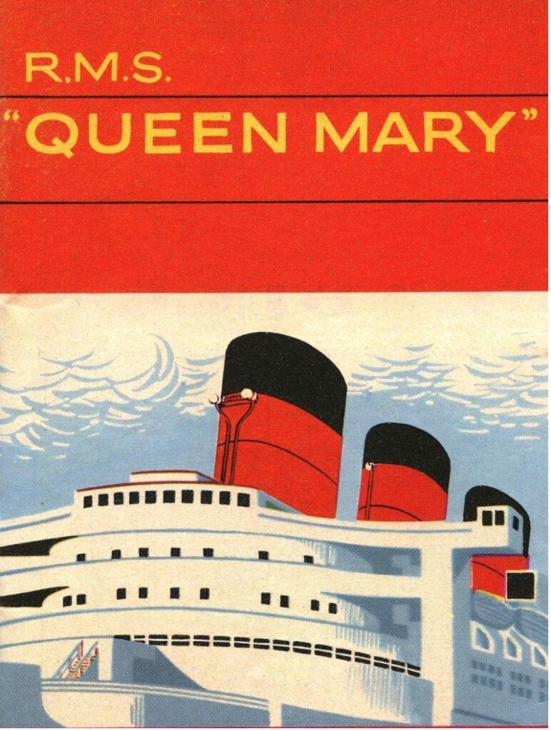 Vintage promotional artwork for Cunard’s RMS Queen Mary, highlighting the liner’s three funnels and tiered superstructure. From the William H. Miller Collection.