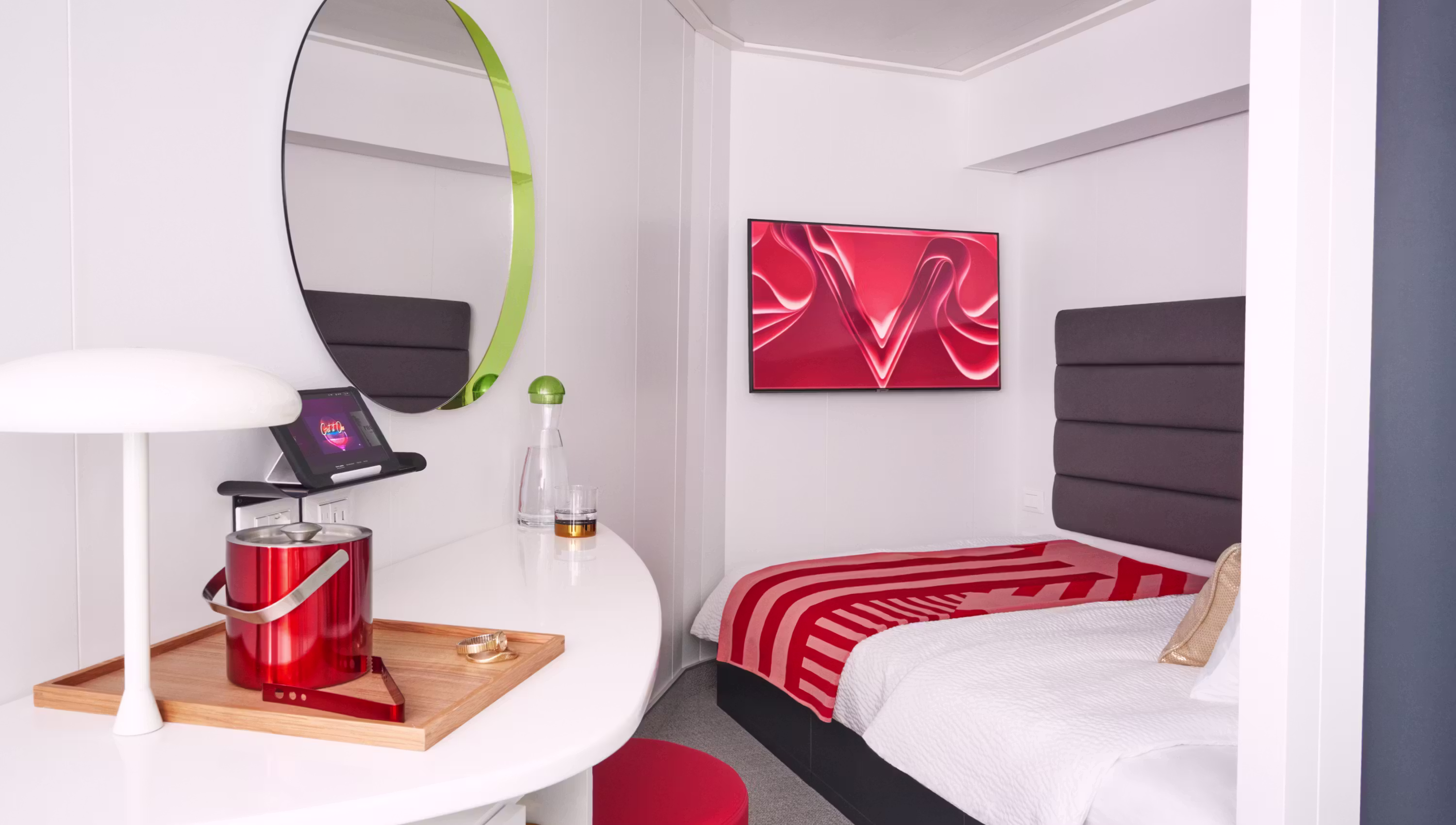 A Solo Sea View cabin aboard a Virgin Voyages ship. Photo: Virgin Voyages