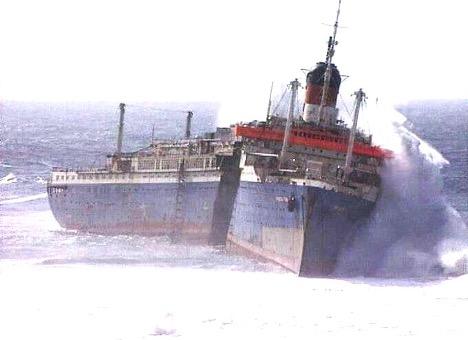The former America aground in the Canary Islands after breaking free from tow, where heavy seas later broke the ship apart. Courtesy of the William H. Miller Collection.