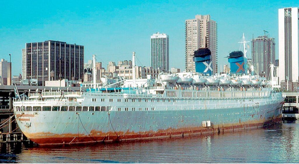 The former Australis, renamed America and idle at New York in 1978. Courtesy of the William H. Miller Collection.