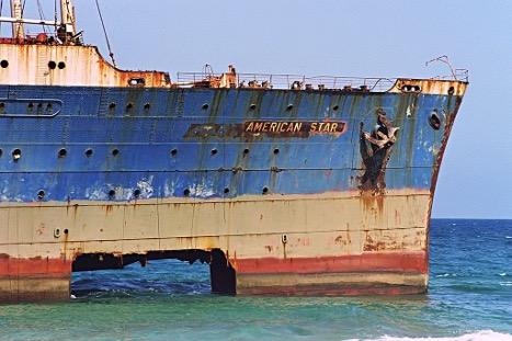 A rusting section of the American Star wreck sits in shallow water off the Canary Islands. Courtesy of the William H. Miller Collection.