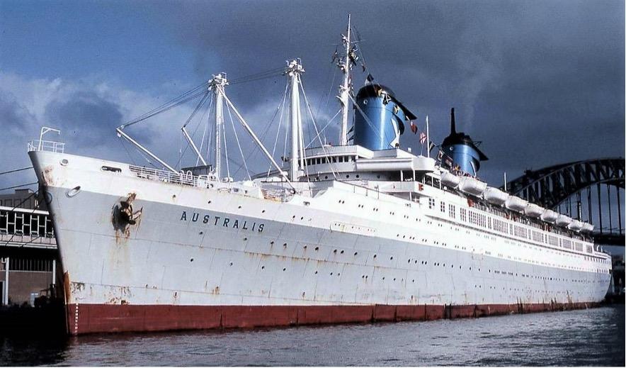 The former United States Lines liner America at Sydney as Chandris Lines’ Australis. Courtesy of the William H. Miller Collection.