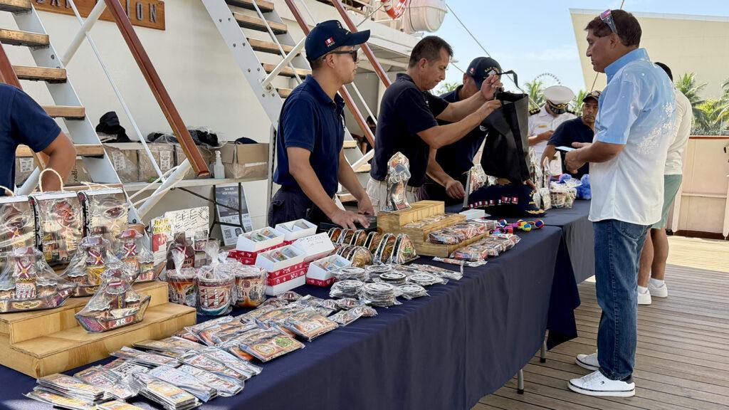 Peruvian souvenirs, crafts and B.A.P. Unión memorabilia are offered to visitors aboard the tall ship. Photo: H. Liu