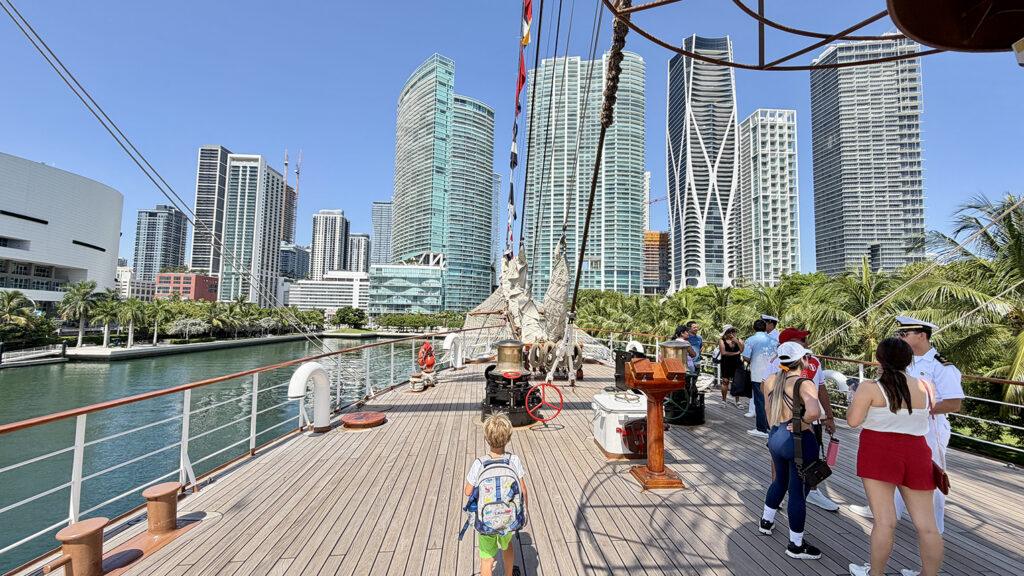 Visitors explore the forward deck of B.A.P. Unión during the Peruvian tall ship’s Miami call. Photo: H. Liu