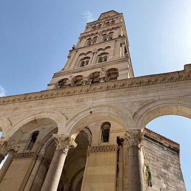 Bell tower of the Cathedral of Saint Domnius rises above Diocletian’s Palace in Split, Croatia. Credit: Monte Mathews