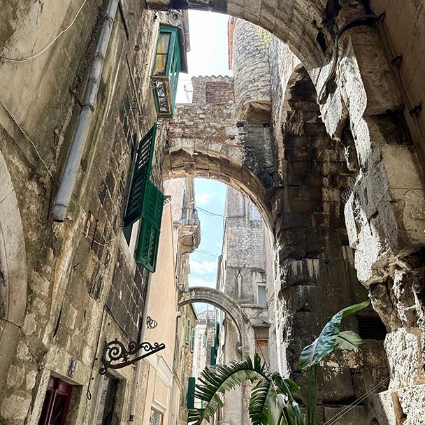A narrow passage winds through the historic heart of Split, Croatia. Credit: Monte Mathews