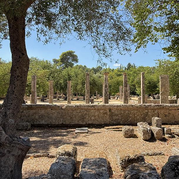 Rows of ancient columns stand among the ruins of Olympia, Greece. Credit: Monte Mathews
