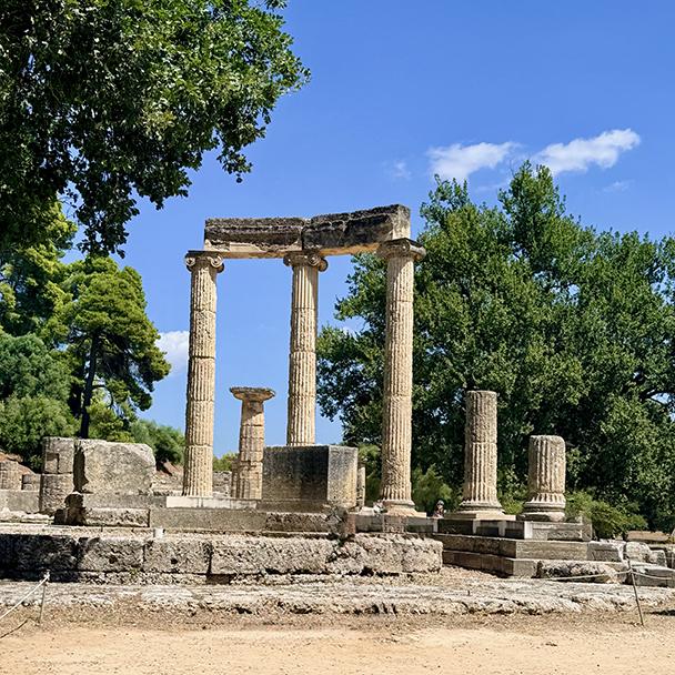 Reconstructed Ionic columns rise among the ruins of ancient Olympia, Greece. Credit: Monte Mathews