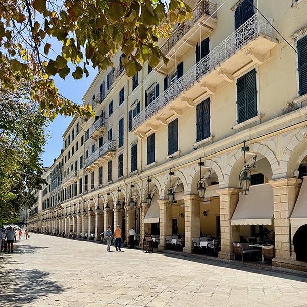 The Liston’s elegant arcades line Spianada Square in Corfu Town, drawing inspiration from Paris’s Rue de Rivoli. Credit: Monte Mathews