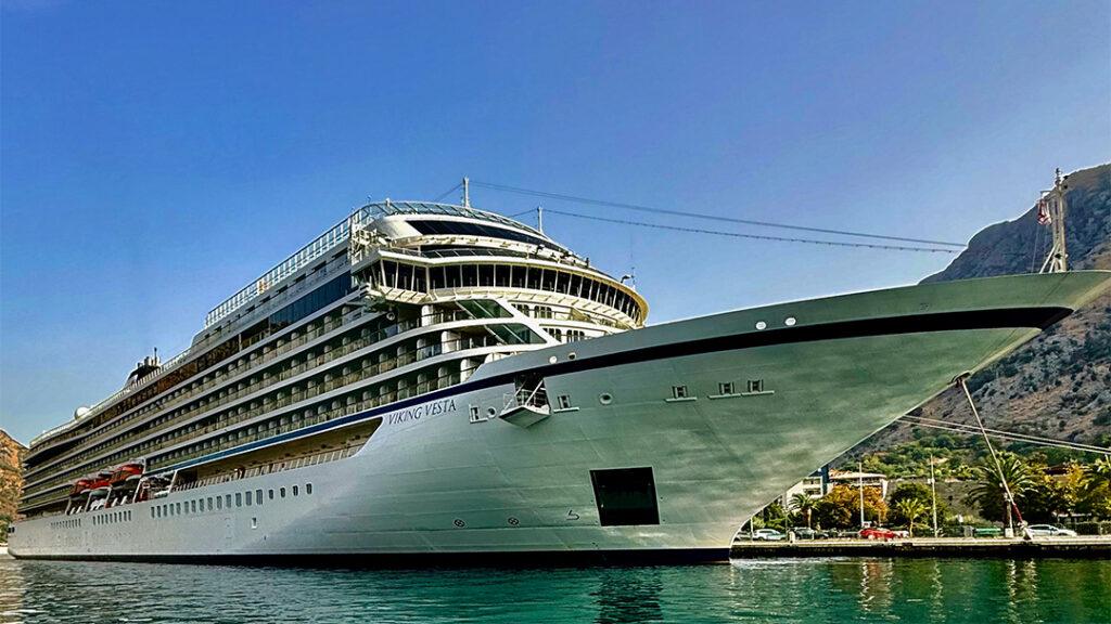 Viking Vesta shows off her sleek profile while docked in Kotor, Montenegro. Credit: Monte Mathews