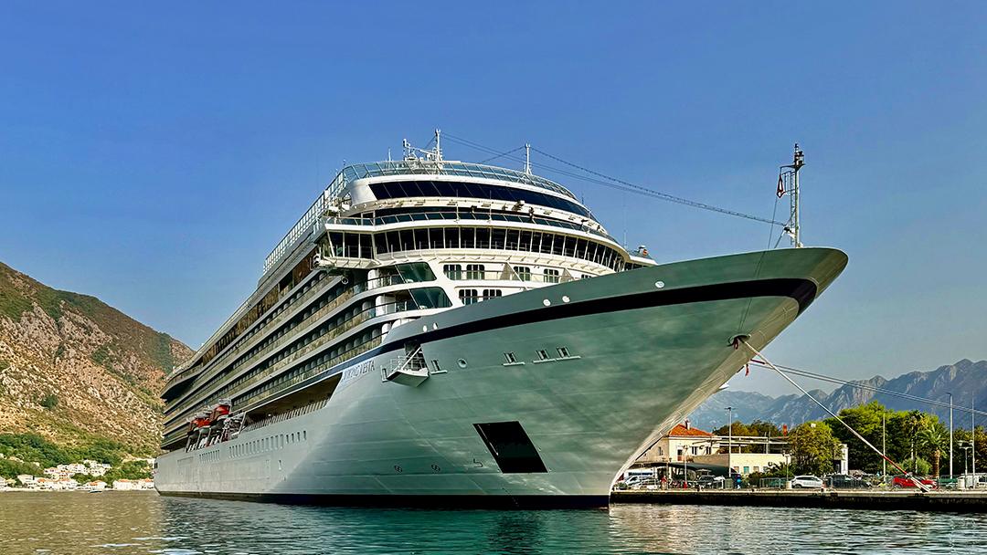 Viking Vesta docked against the mountainous backdrop of the Bay of Kotor, Montenegro. Credit: Monte Mathews