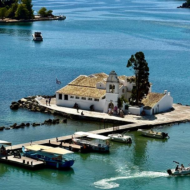 Vlacherna Monastery sits on a tiny islet off Corfu’s Kanoni peninsula. Credit: Monte Mathews