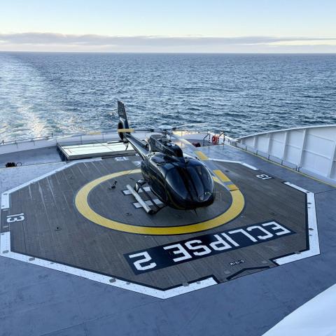 One of Scenic Eclipse II’s two Airbus H130-T2 helicopters rests on the ship’s helipad. Photo: Judi Cuervo