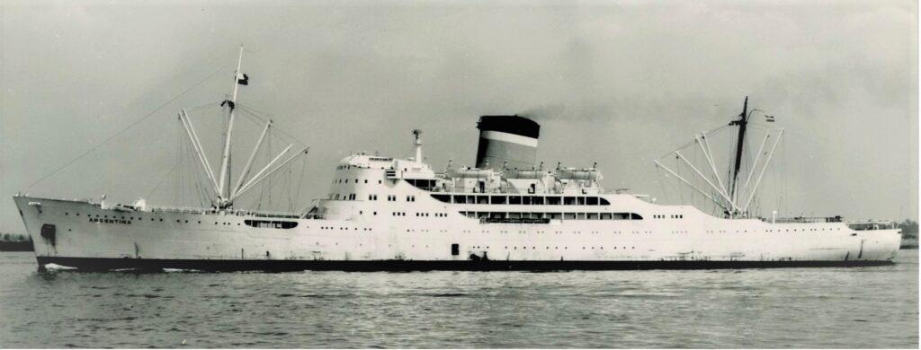 The Argentina in profile, one of the three Dodero Line ships linking Europe with South America. From the William H. Miller Collection.