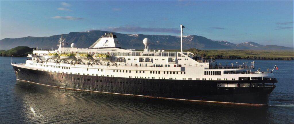 The former Stockholm as Azores at Reykjavik, Iceland, during her later cruise career. From the William H. Miller Collection.