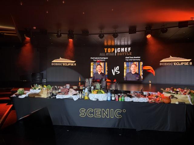 A Top Chef competition aboard Scenic Eclipse II pits Gabriel Rodriguez against Tom Goetter during a Tastes of Discovery sailing. Photo: Judi Cuervo