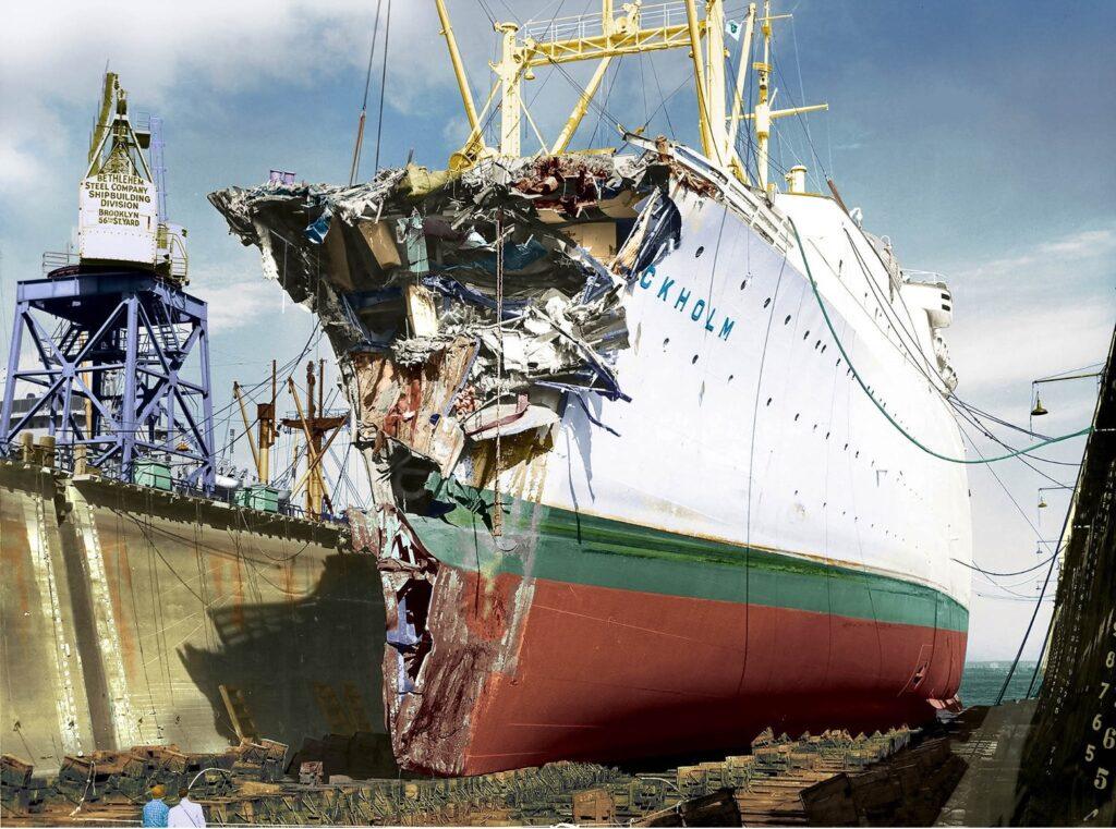 Stockholm in dry dock at Bethlehem Steel’s Brooklyn shipyard, showing the extensive bow damage from the 1956 Andrea Doria collision. From the William H. Miller Collection.