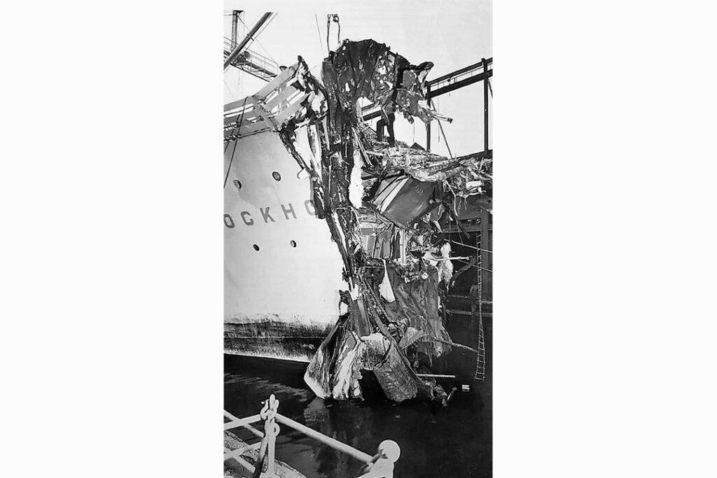 Close-up of Stockholm’s severely damaged bow following the 1956 collision with Andrea Doria. From the William H. Miller Collection.