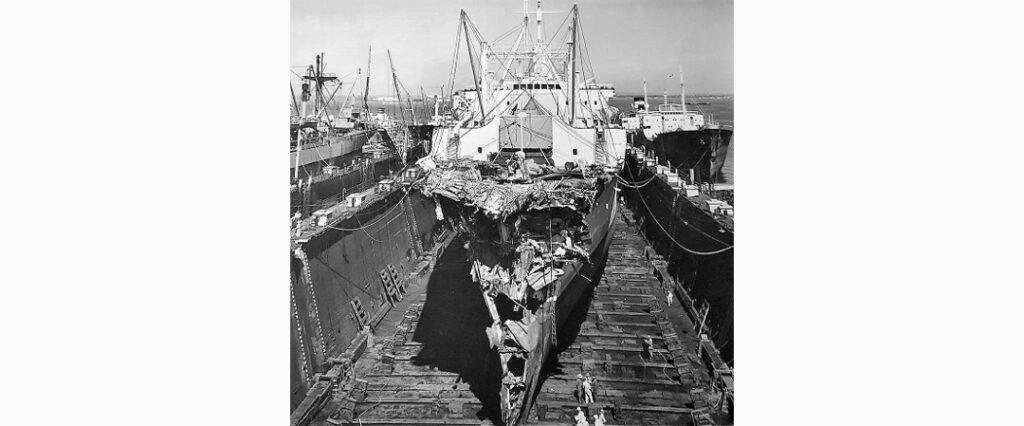 Stockholm in dry dock at Bethlehem Steel’s Brooklyn shipyard as repairs begin on her crushed bow after the 1956 Andrea Doria collision. From the William H. Miller Collection.